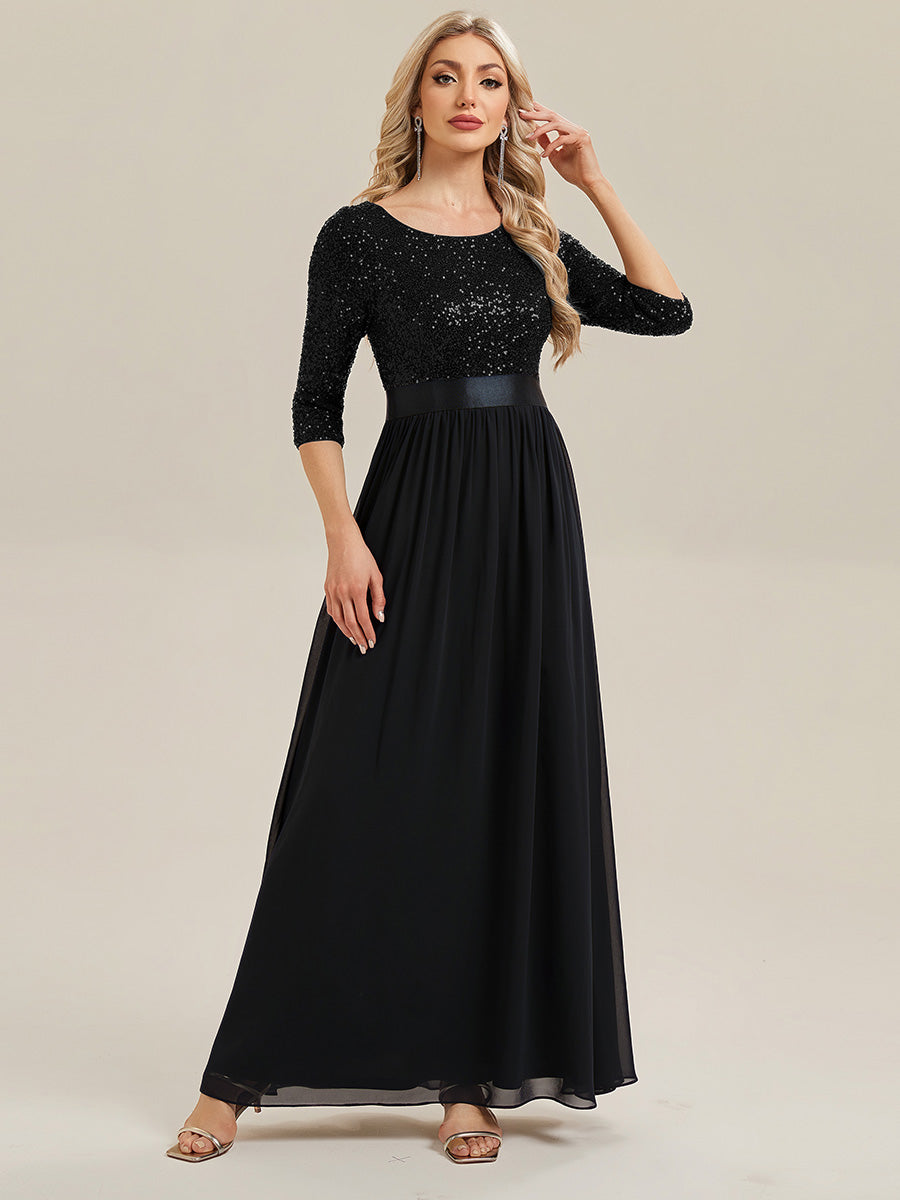 Color=Black | B2B-Exclusive 3/4 Sleeve Sequin Patchwork A-Line Floor Length Evening Dresses-Black 11