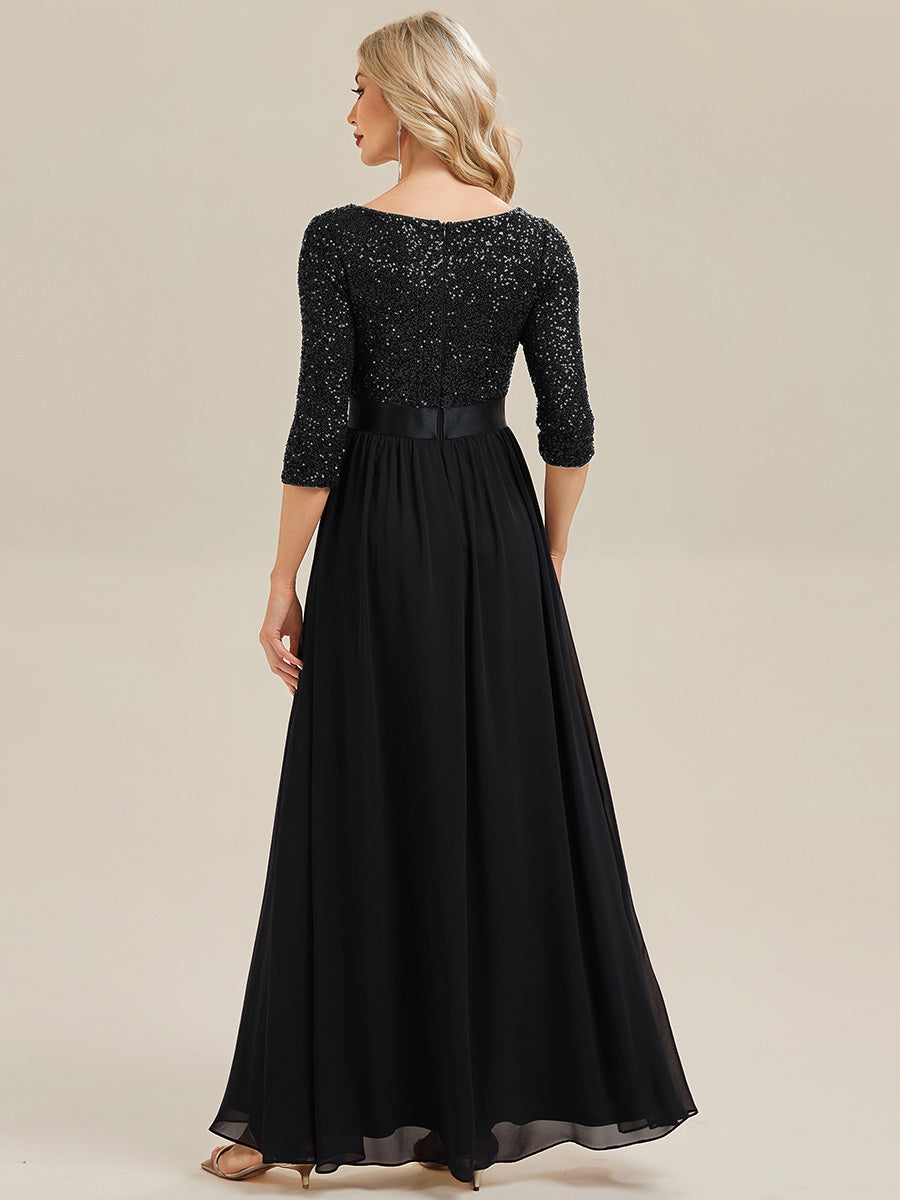 Color=Black | B2B-Exclusive 3/4 Sleeve Sequin Patchwork A-Line Floor Length Evening Dresses-Black 12