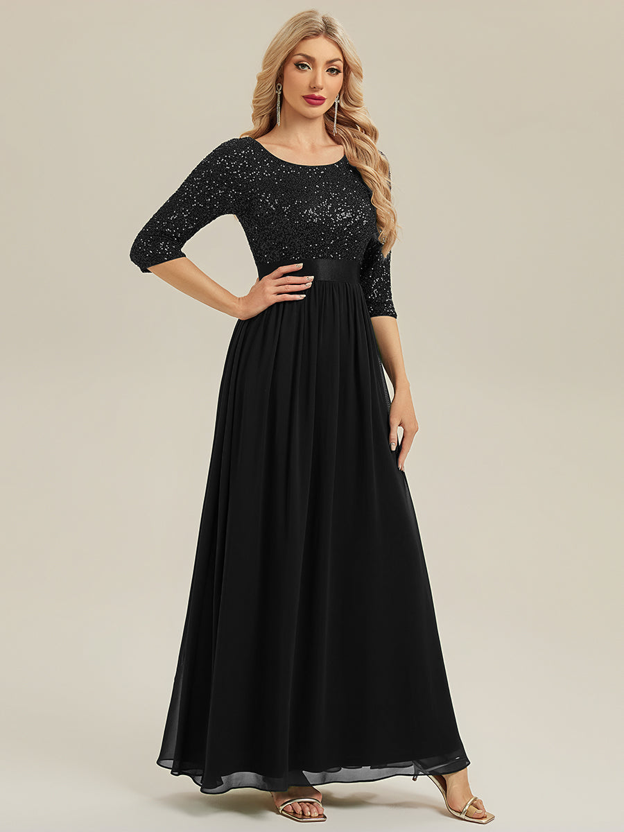 Color=Black | B2B-Exclusive 3/4 Sleeve Sequin Patchwork A-Line Floor Length Evening Dresses-Black 14