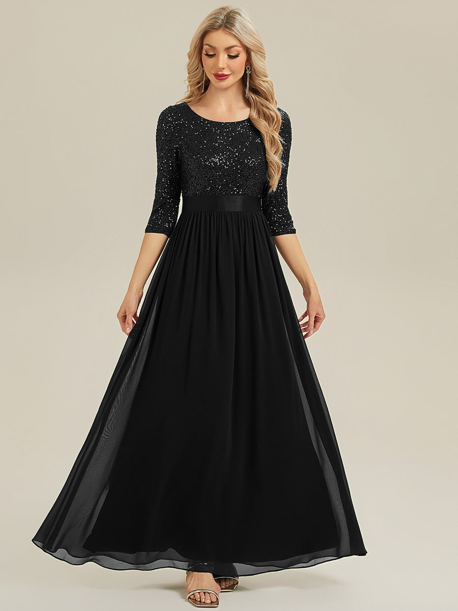 Color=Black | B2B-Exclusive 3/4 Sleeve Sequin Patchwork A-Line Floor Length Evening Dresses-Black 15