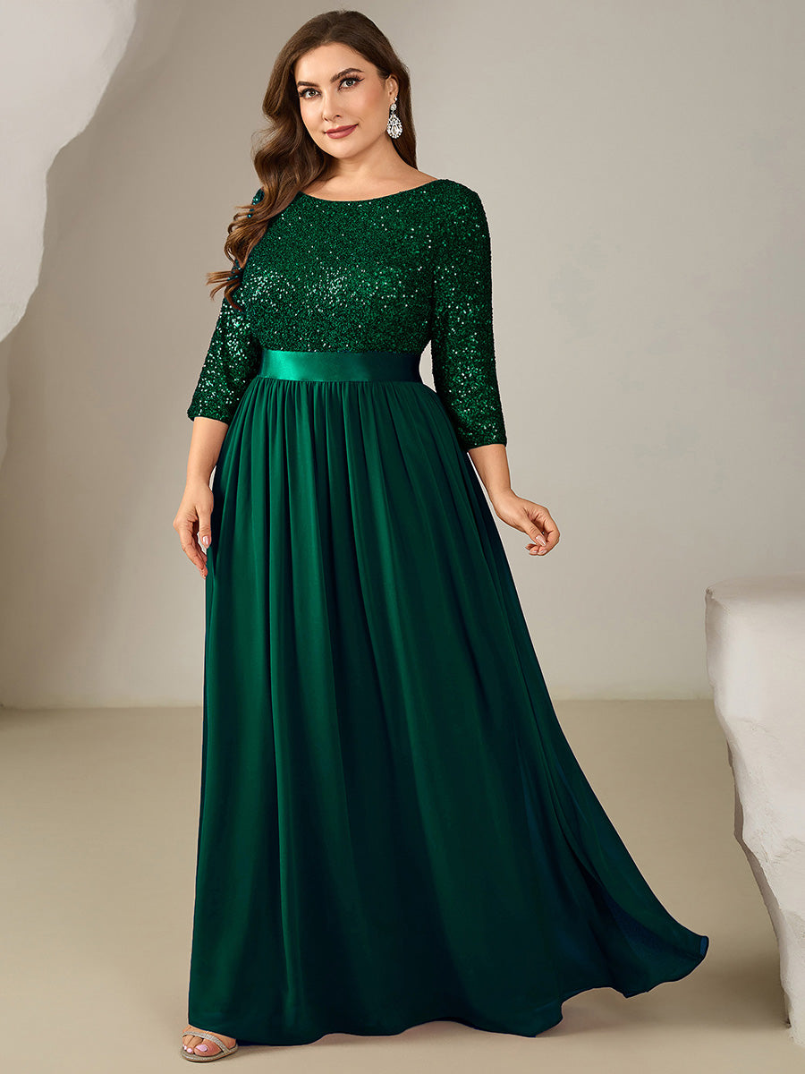 Color=Dark Green | Bulk Order Plus Size 3/4 Sleeve Sequin Patchwork A-Line Floor Length Evening Dresses-Dark Green 11