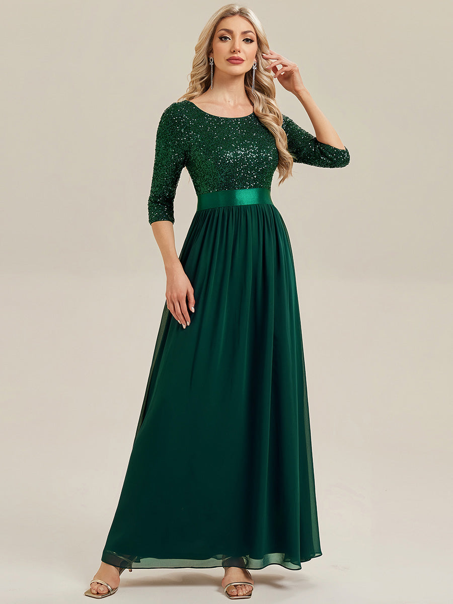Color=Dark Green | B2B-Exclusive 3/4 Sleeve Sequin Patchwork A-Line Floor Length Evening Dresses-Dark Green 21