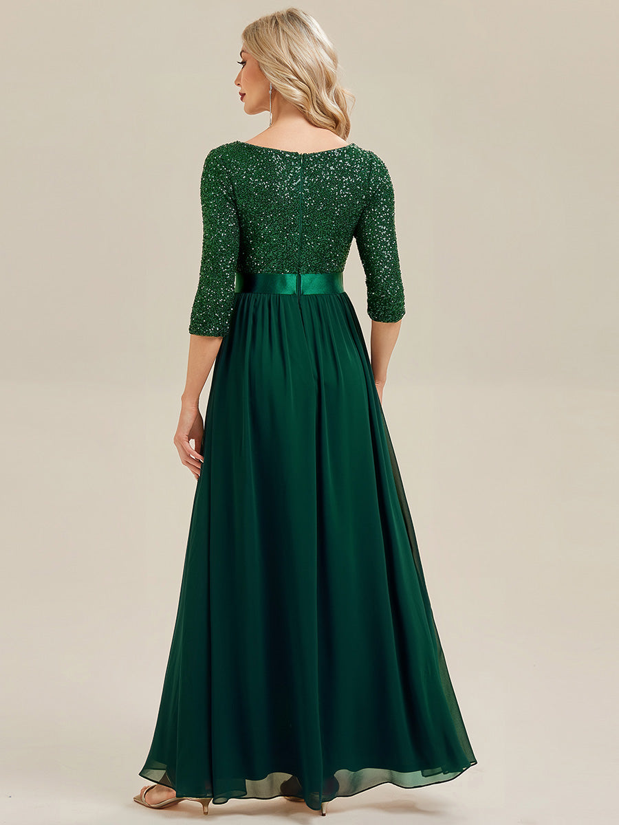 Color=Dark Green | B2B-Exclusive 3/4 Sleeve Sequin Patchwork A-Line Floor Length Evening Dresses-Dark Green 22