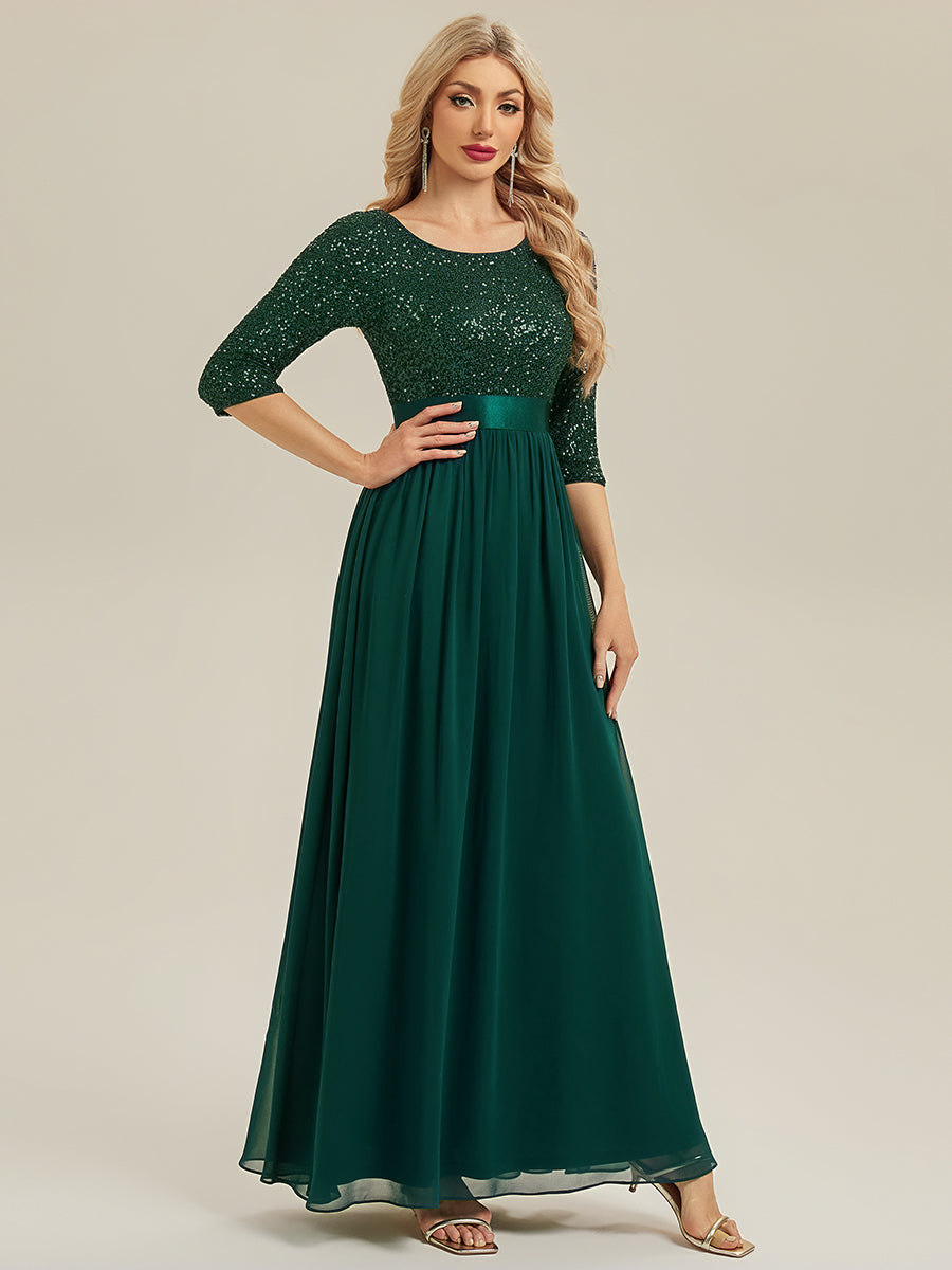 Color=Dark Green | B2B-Exclusive 3/4 Sleeve Sequin Patchwork A-Line Floor Length Evening Dresses-Dark Green 24