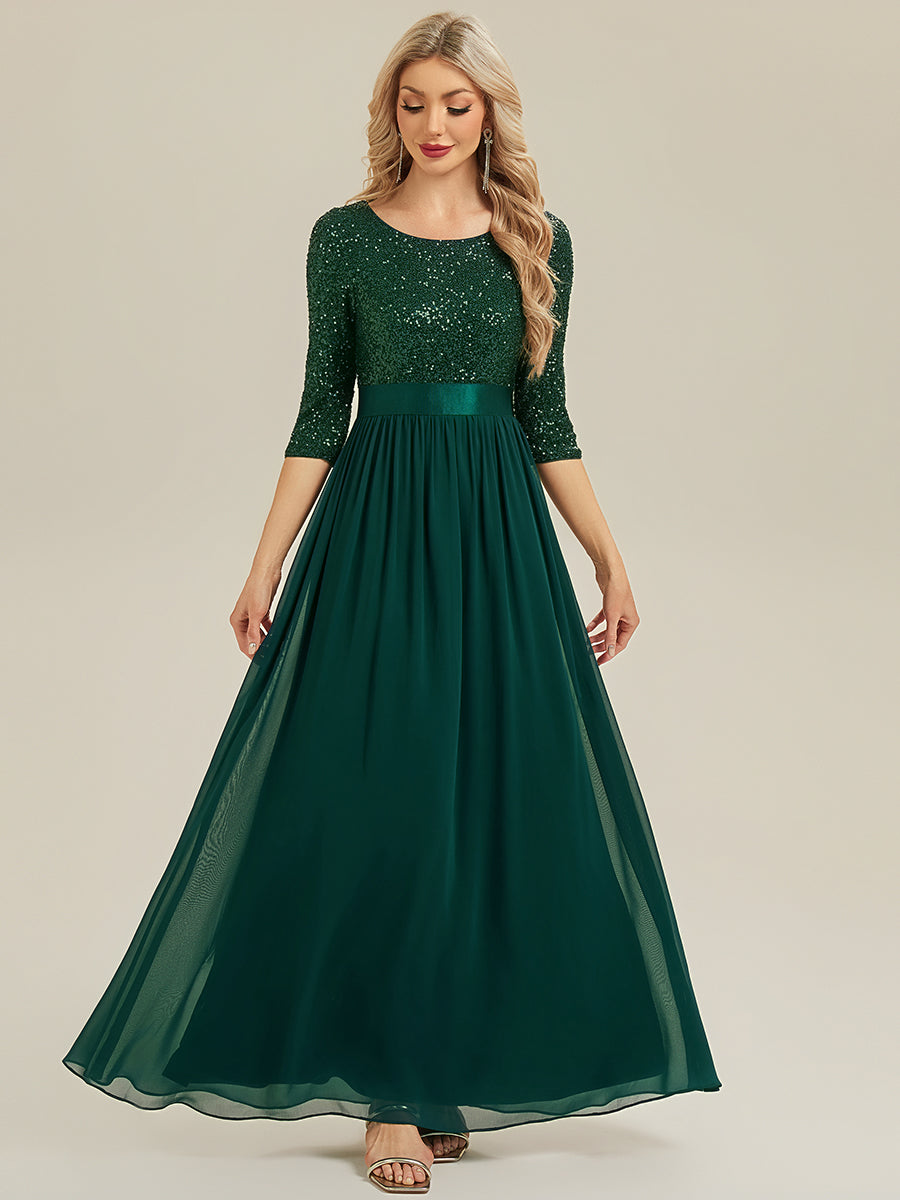 Color=Dark Green | B2B-Exclusive 3/4 Sleeve Sequin Patchwork A-Line Floor Length Evening Dresses-Dark Green 25