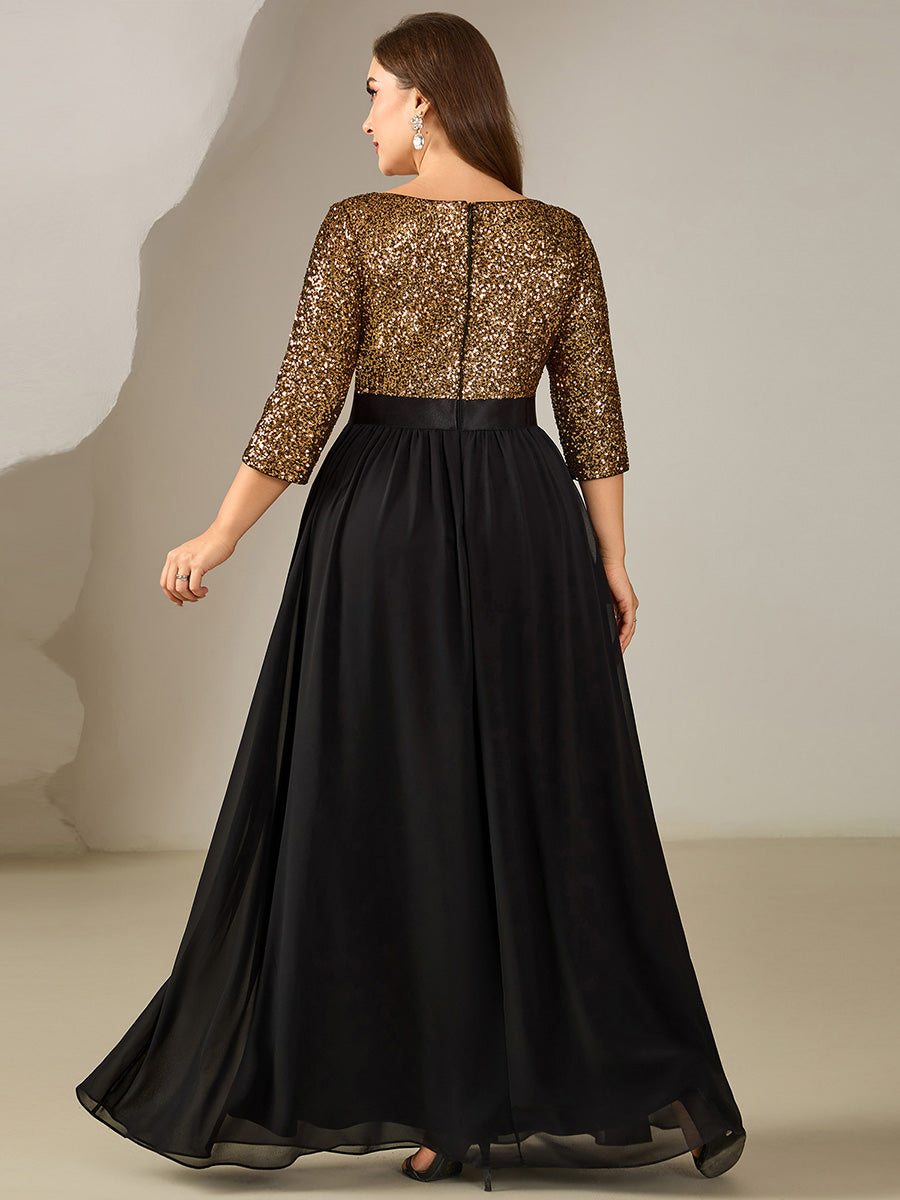 Color=Black Gold | B2B-Exclusive 3/4 Sleeve Sequin Patchwork A-Line Floor Length Evening Dresses-Black Gold 37
