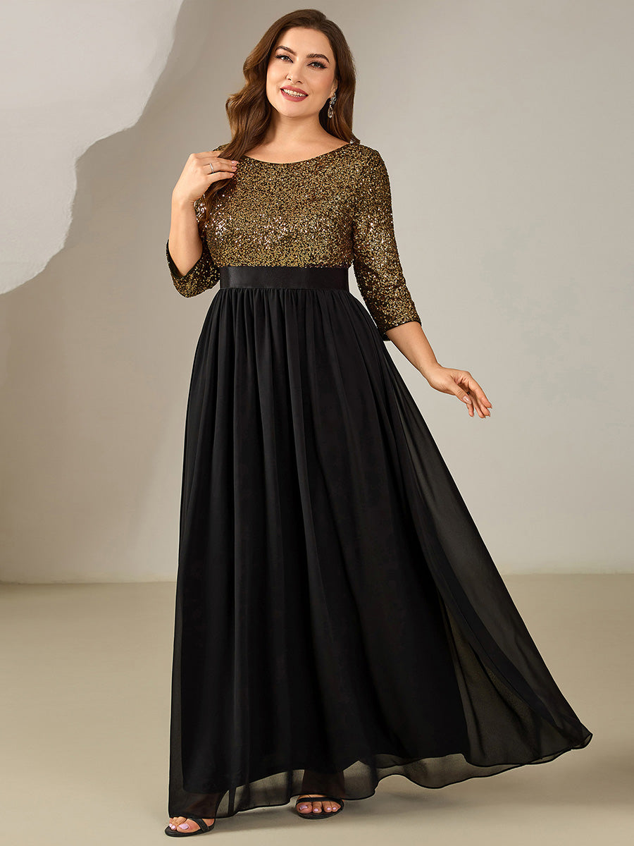 Color=Black Gold | B2B-Exclusive 3/4 Sleeve Sequin Patchwork A-Line Floor Length Evening Dresses-Black Gold 40