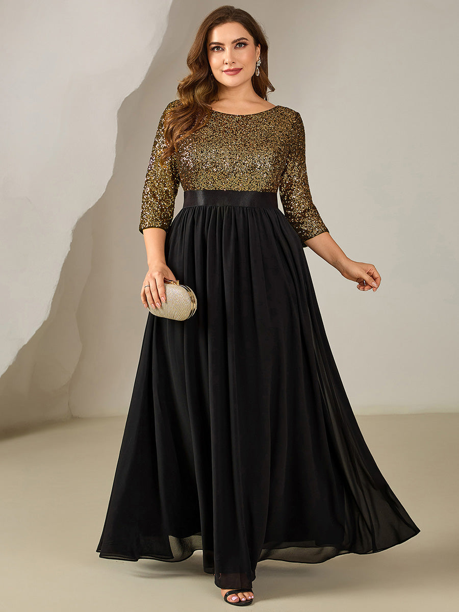 Color=Black Gold | Bulk Order Plus Size 3/4 Sleeve Sequin Patchwork A-Line Floor Length Evening Dresses-Black Gold 16