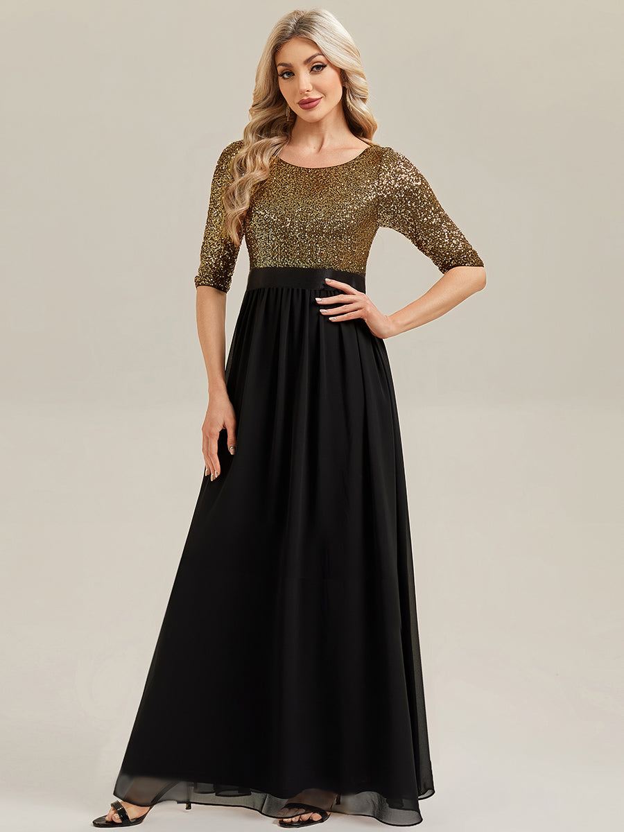 Color=Black Gold | B2B-Exclusive 3/4 Sleeve Sequin Patchwork A-Line Floor Length Evening Dresses-Black Gold 31