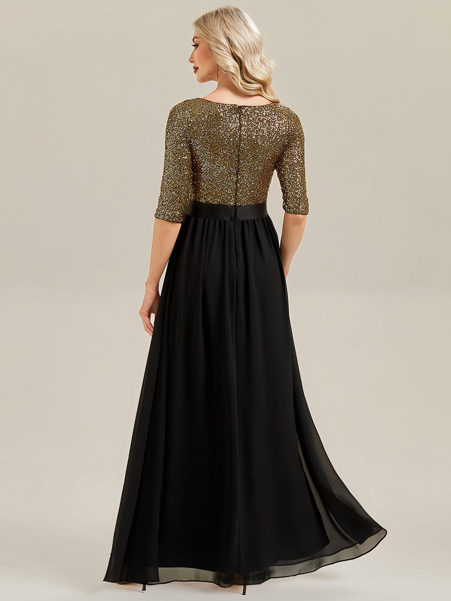 Color=Black Gold | B2B-Exclusive 3/4 Sleeve Sequin Patchwork A-Line Floor Length Evening Dresses-Black Gold 32