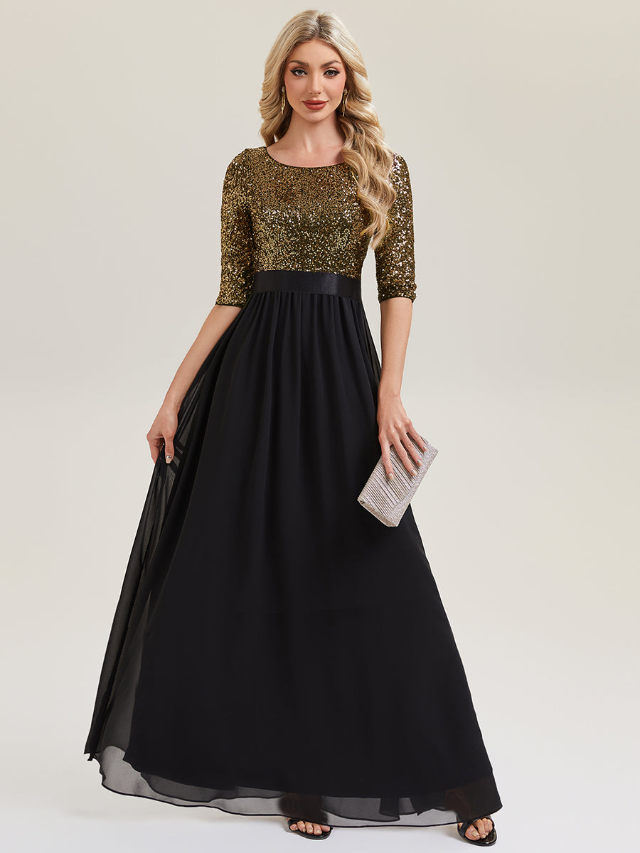 Color=Black Gold | B2B-Exclusive 3/4 Sleeve Sequin Patchwork A-Line Floor Length Evening Dresses-Black Gold 34