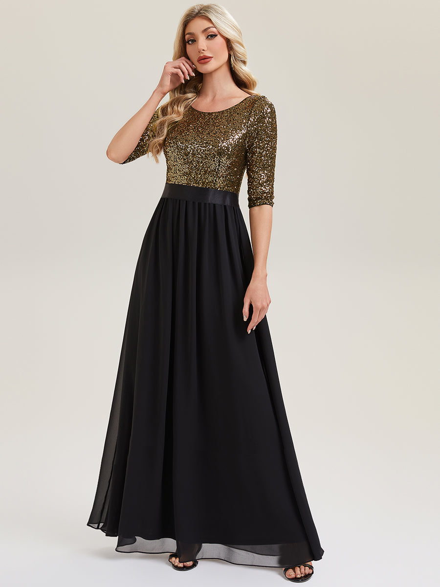 Color=Black Gold | B2B-Exclusive 3/4 Sleeve Sequin Patchwork A-Line Floor Length Evening Dresses-Black Gold 35