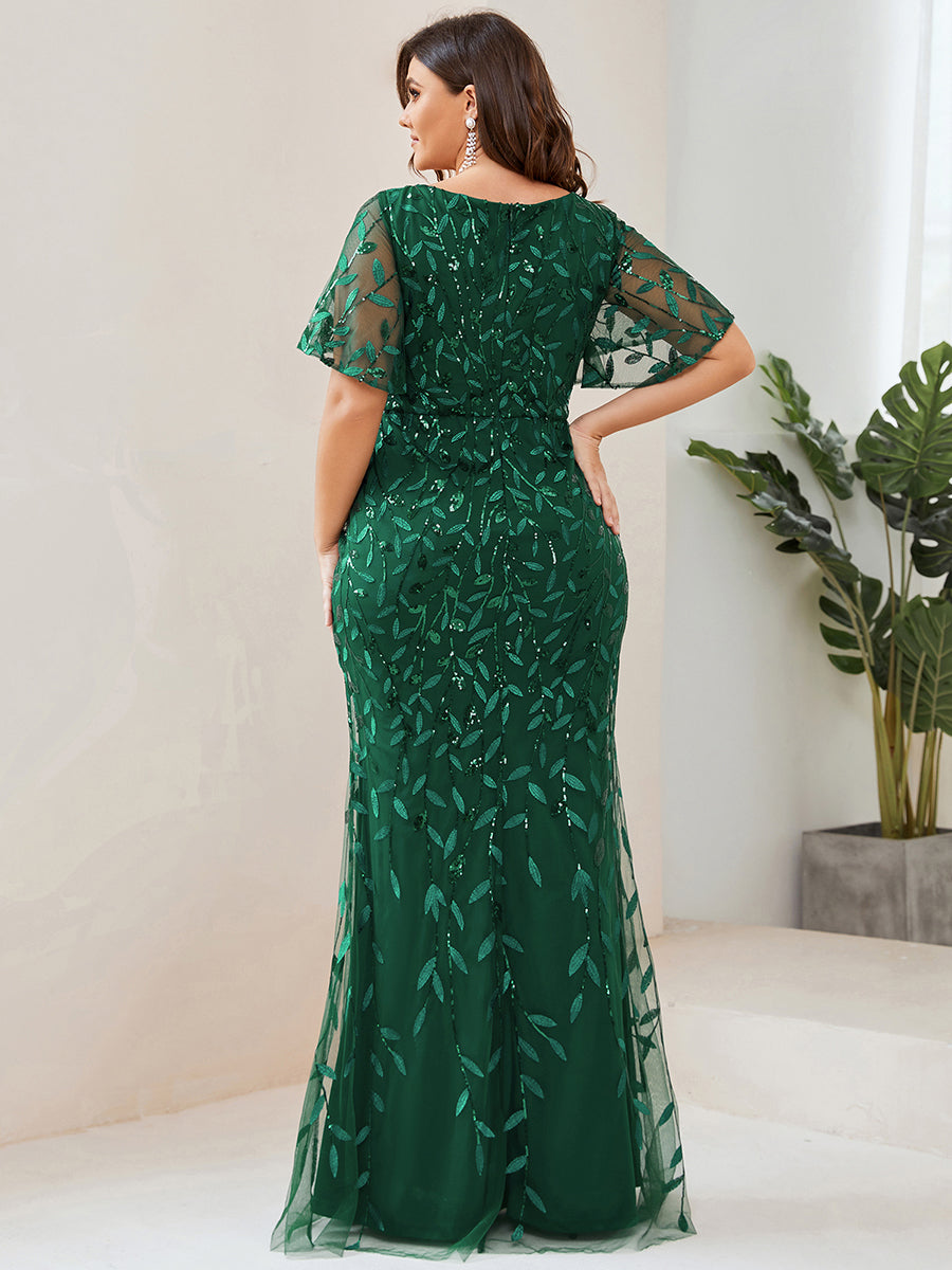 Fashion Plus Size Deep V Neck Wholesale Sequin & Tulle Evening Dress