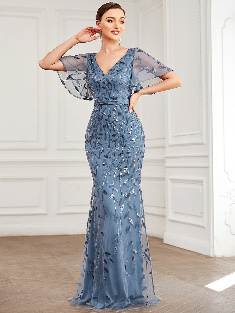 Fashion Plus Size Deep V Neck Wholesale Sequin & Tulle Evening Dress (Old SKU EE00693)