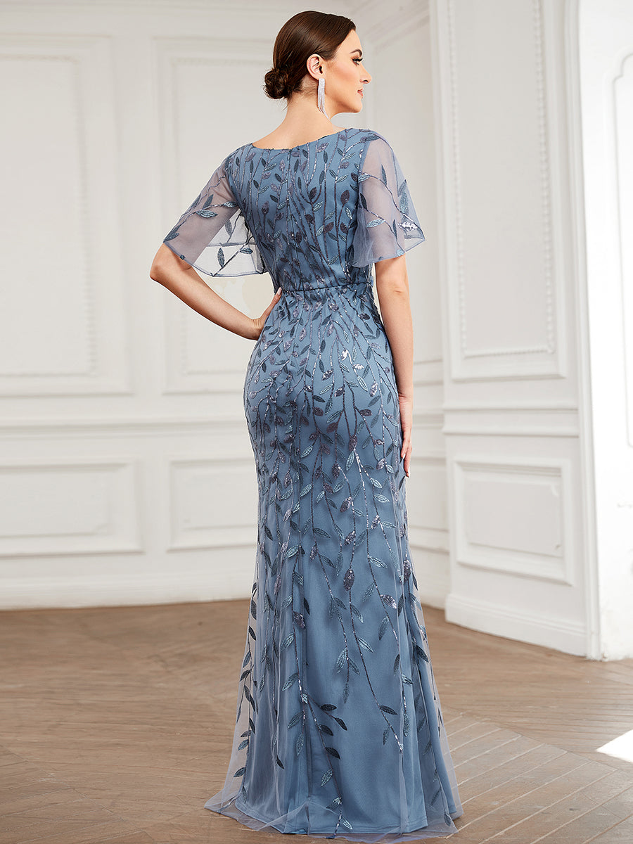 Fashion Plus Size Deep V Neck Wholesale Sequin & Tulle Evening Dress (Old SKU EE00693)