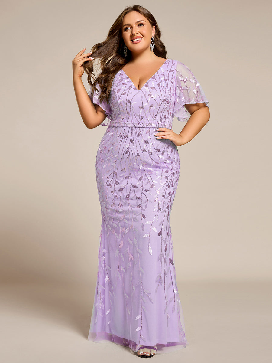 Color=Lavender | Fast Delivery Short Sleeve Ruffle V-Neck Floral Fishtail Floor Length Evening Dresses-Lavender 6