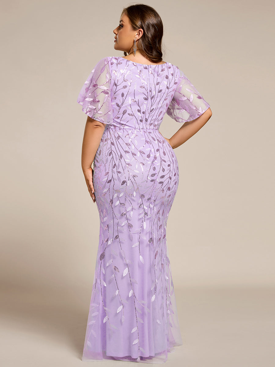 Color=Lavender | Fast Delivery Short Sleeve Ruffle V-Neck Floral Fishtail Floor Length Evening Dresses-Lavender 7