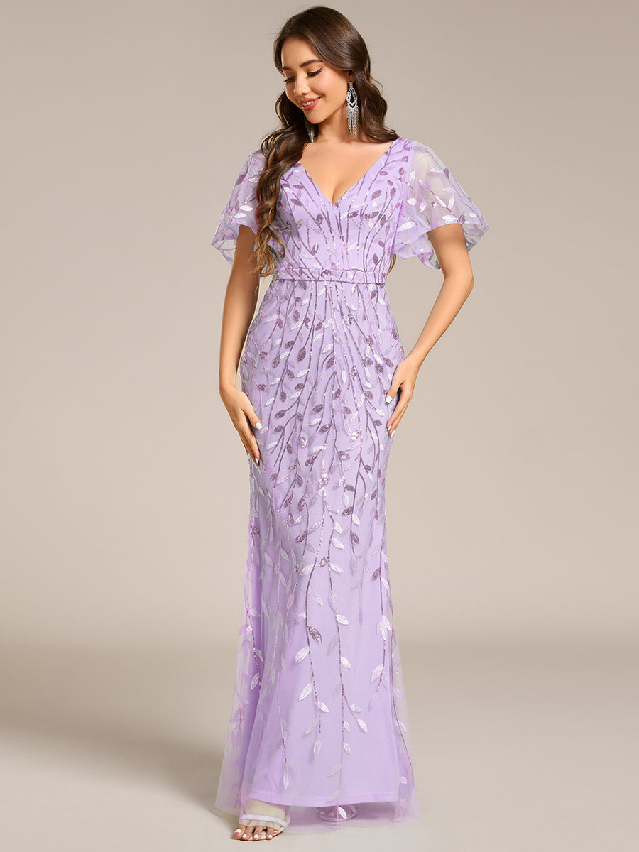Color=Lavender | Fast Delivery Short Sleeve Ruffle V-Neck Floral Fishtail Floor Length Evening Dresses-Lavender 1