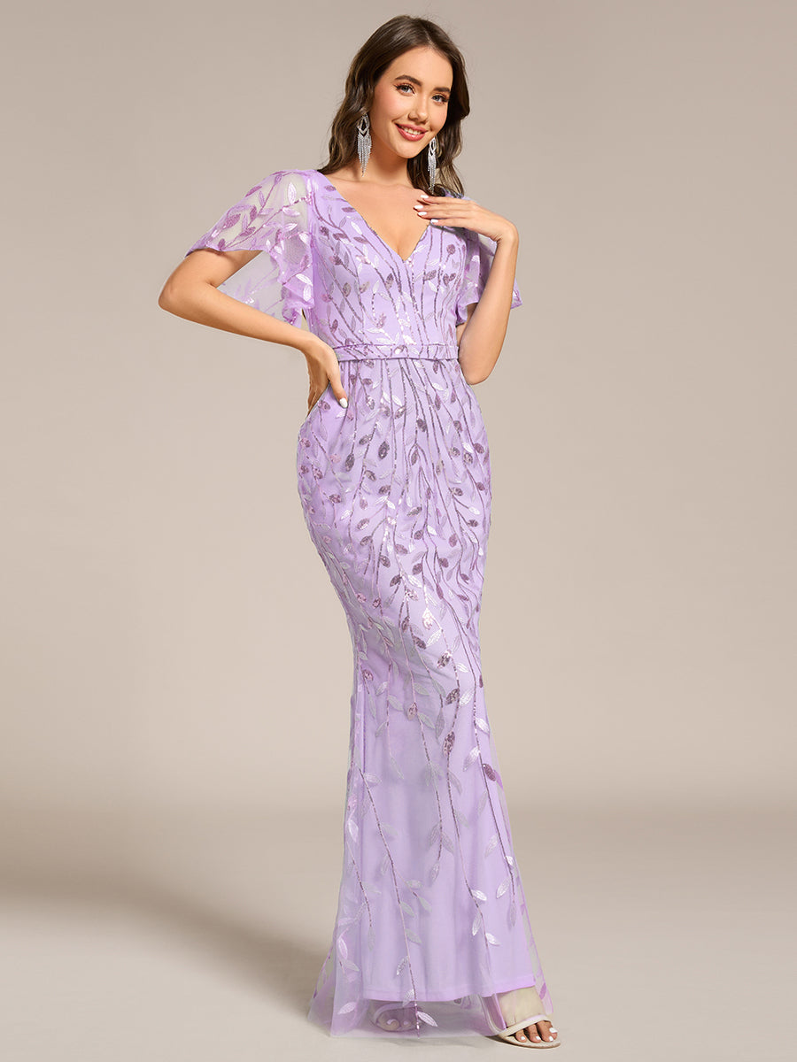 Color=Lavender | Fast Delivery Short Sleeve Ruffle V-Neck Floral Fishtail Floor Length Evening Dresses-Lavender 5
