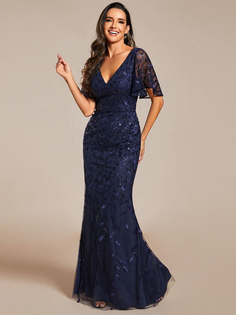 Fashion Plus Size Deep V Neck Wholesale Sequin & Tulle Evening Dress (Old SKU EE00693)