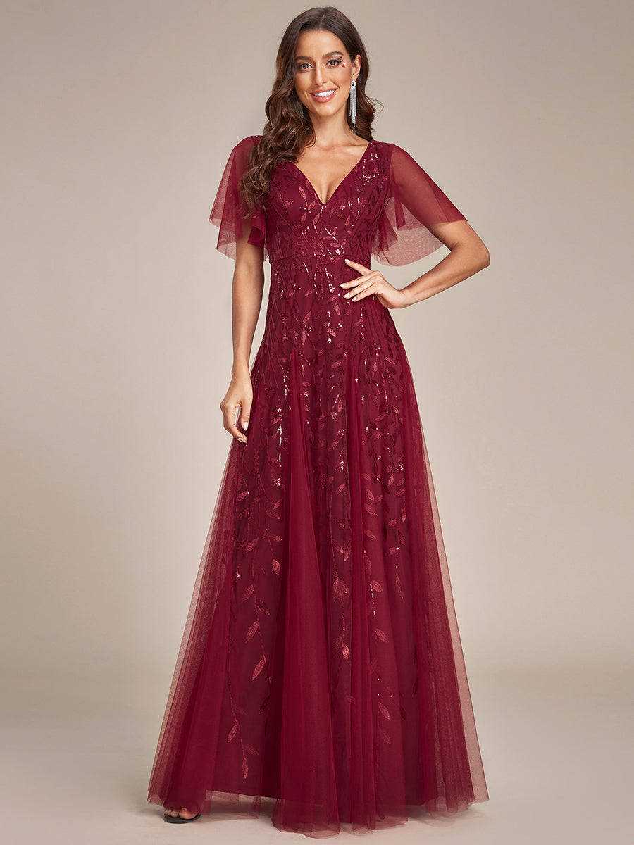 Color=Burgundy | One Stop Shop Short Sleeve Ruffle Sequin Deep V-Neck A-Line Floor Length Evening Dresses-Burgundy 1