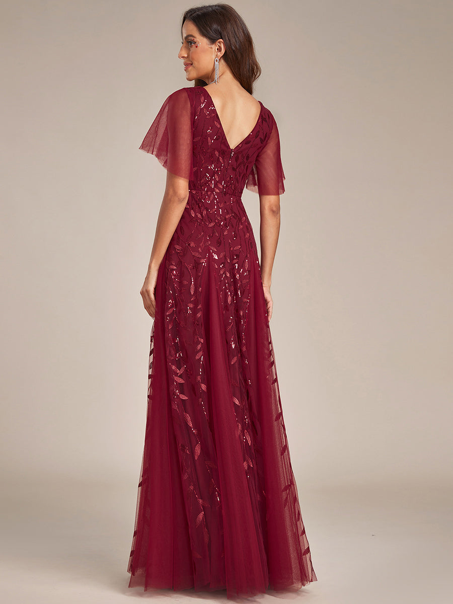 Color=Burgundy | One Stop Shop Short Sleeve Ruffle Sequin Deep V-Neck A-Line Floor Length Evening Dresses-Burgundy 2