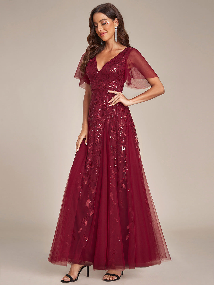 Color=Burgundy | One Stop Shop Short Sleeve Ruffle Sequin Deep V-Neck A-Line Floor Length Evening Dresses-Burgundy 13
