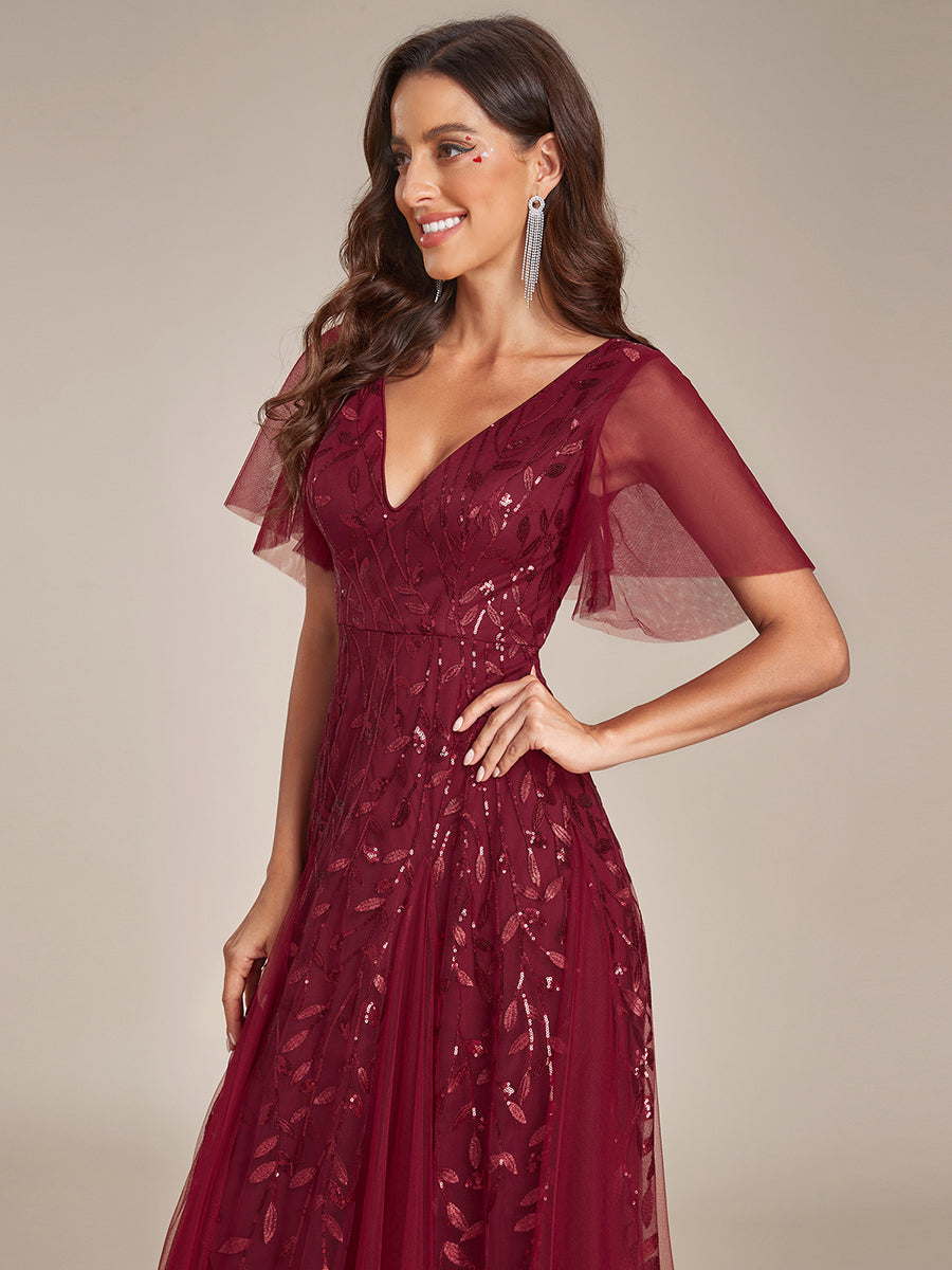 Color=Burgundy | One Stop Shop Short Sleeve Ruffle Sequin Deep V-Neck A-Line Floor Length Evening Dresses-Burgundy 5