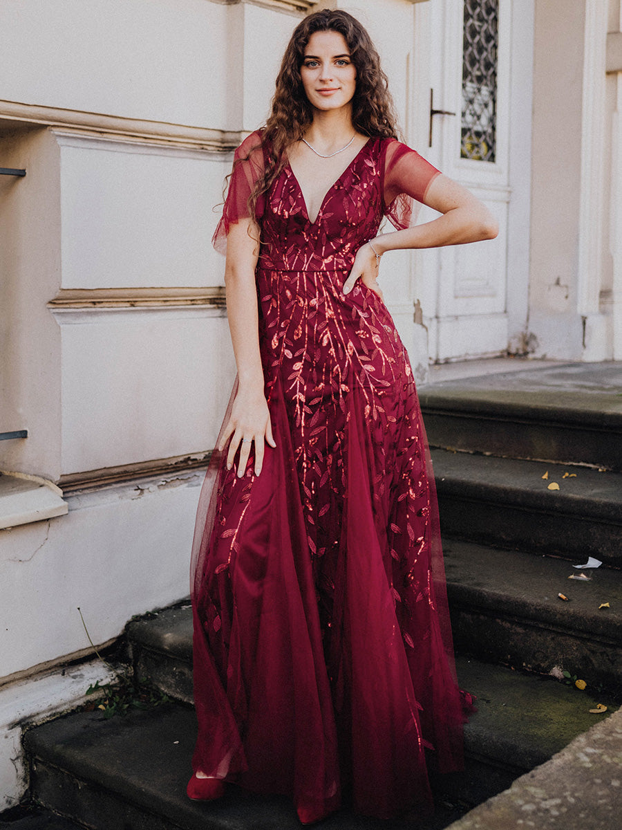 Color=Burgundy | One Stop Shop Short Sleeve Ruffle Sequin Deep V-Neck A-Line Floor Length Evening Dresses-Burgundy 6