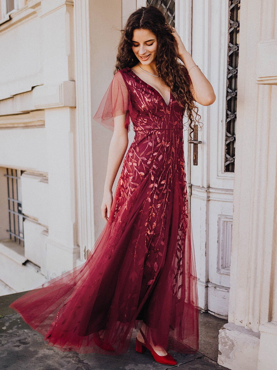 Color=Burgundy | One Stop Shop Short Sleeve Ruffle Sequin Deep V-Neck A-Line Floor Length Evening Dresses-Burgundy 7