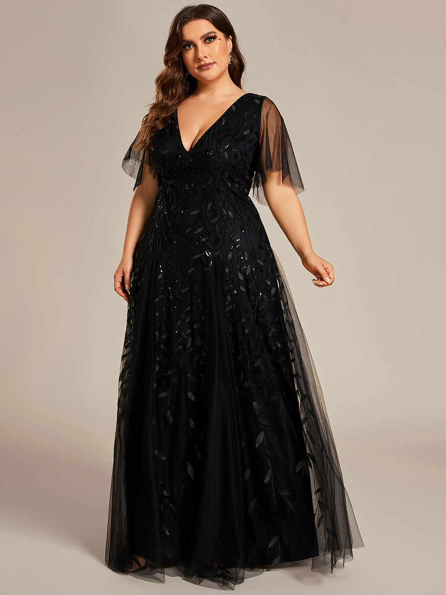 Color=Black | One Stop Shop Short Sleeve Ruffle Sequin Deep V-Neck A-Line Floor Length Evening Dresses-Black 9