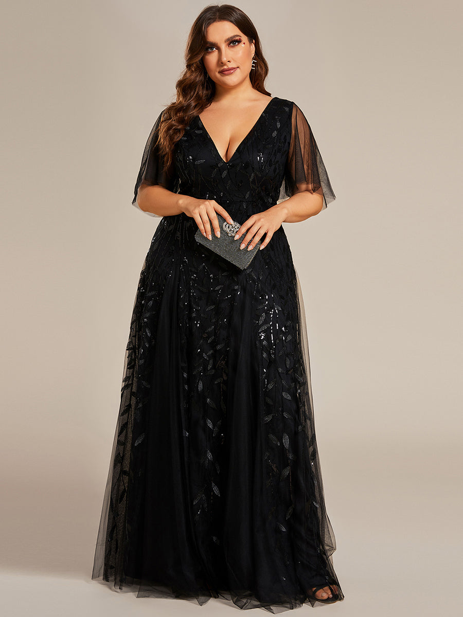 Color=Black | One Stop Shop Short Sleeve Ruffle Sequin Deep V-Neck A-Line Floor Length Evening Dresses-Black 10