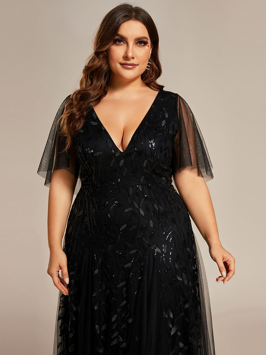 Color=Black | One Stop Shop Short Sleeve Ruffle Sequin Deep V-Neck A-Line Floor Length Evening Dresses-Black 8