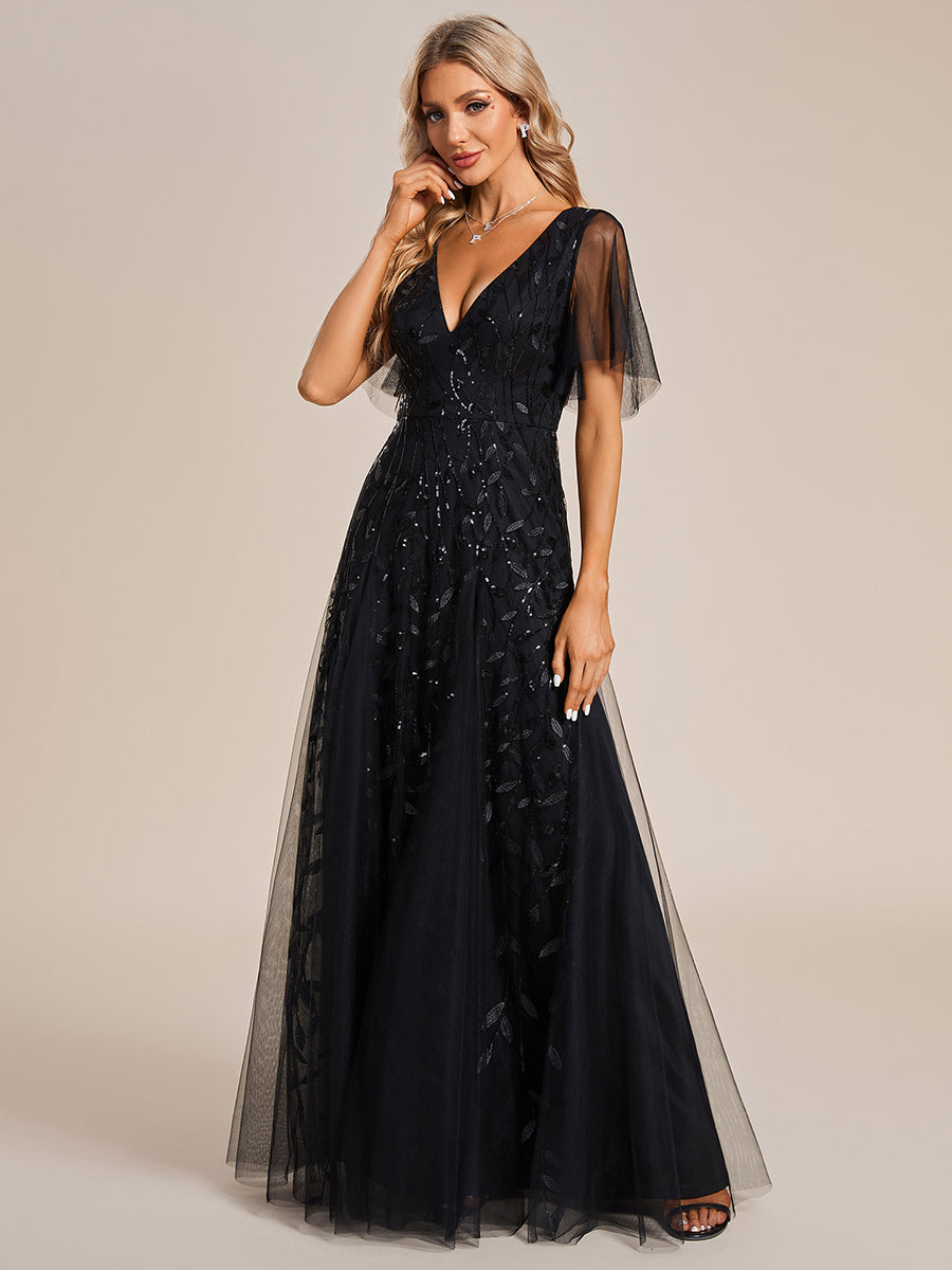 Color=Black | One Stop Shop Short Sleeve Ruffle Sequin Deep V-Neck A-Line Floor Length Evening Dresses-Black 1
