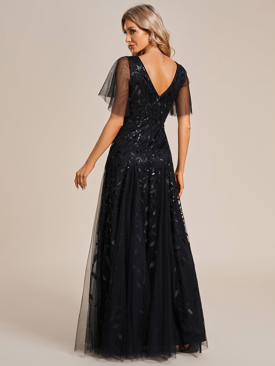 Color=Black | One Stop Shop Short Sleeve Ruffle Sequin Deep V-Neck A-Line Floor Length Evening Dresses-Black 2