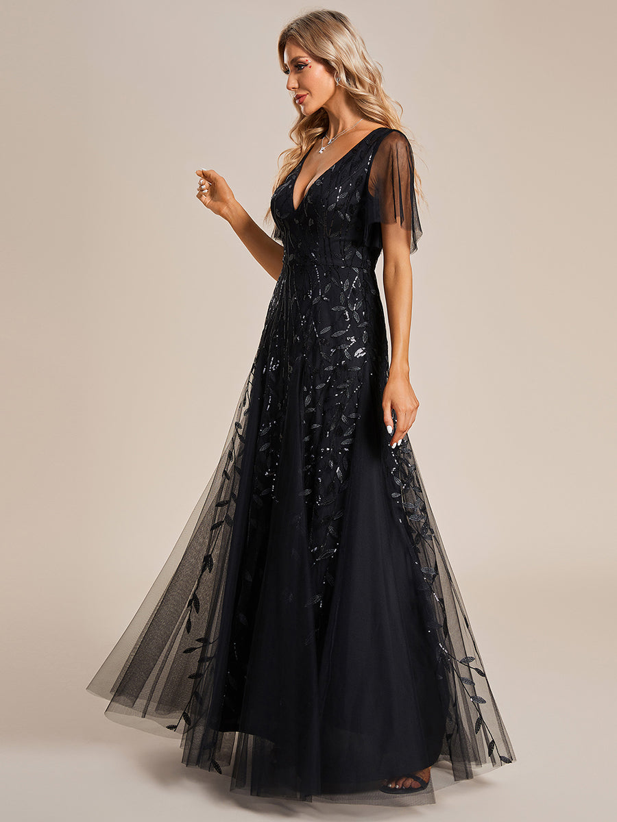 Color=Black | One Stop Shop Short Sleeve Ruffle Sequin Deep V-Neck A-Line Floor Length Evening Dresses-Black 5
