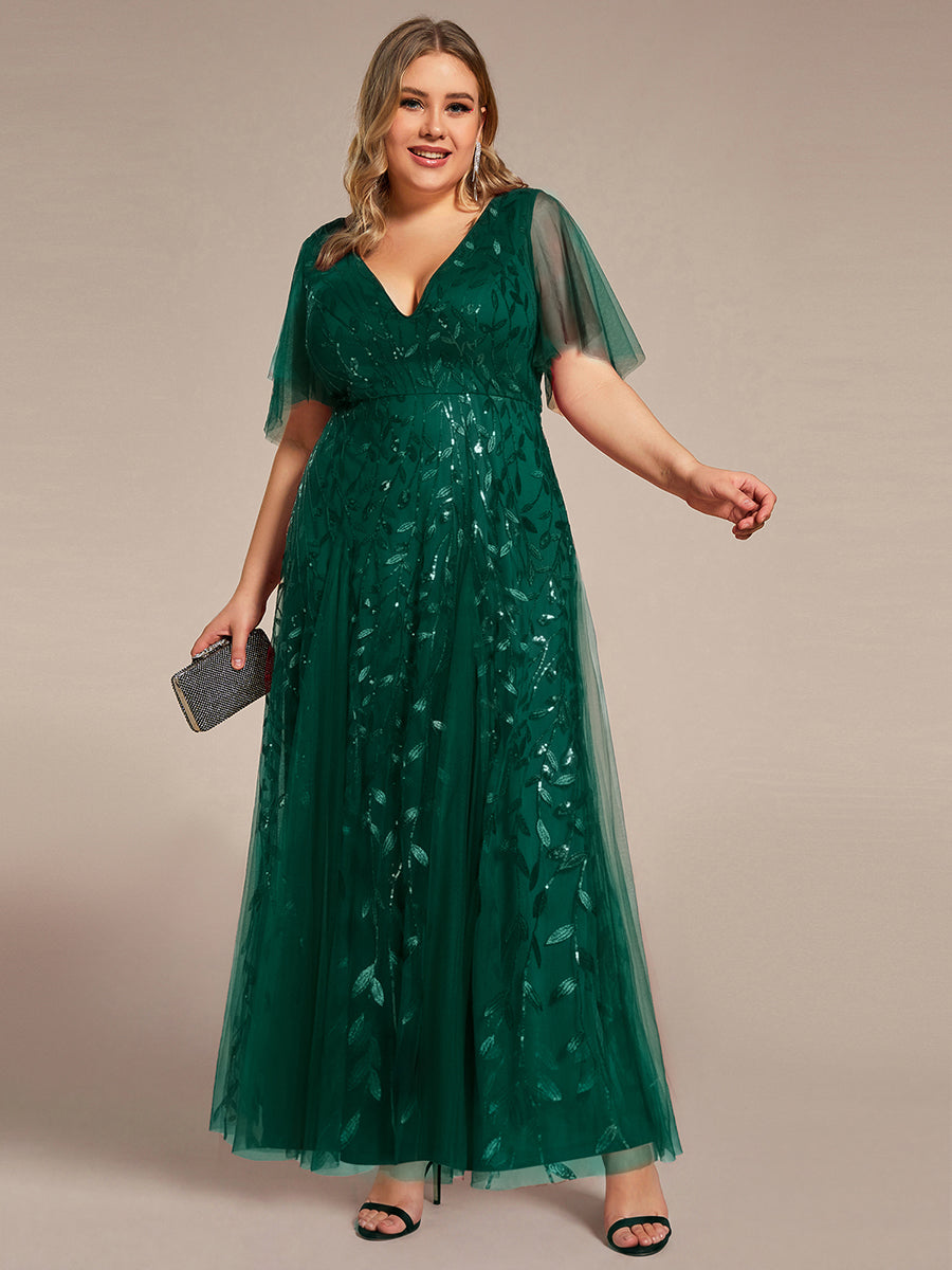 Color=Dark Green | One Stop Shop Short Sleeve Ruffle Sequin Deep V-Neck A-Line Floor Length Evening Dresses-Dark Green 16