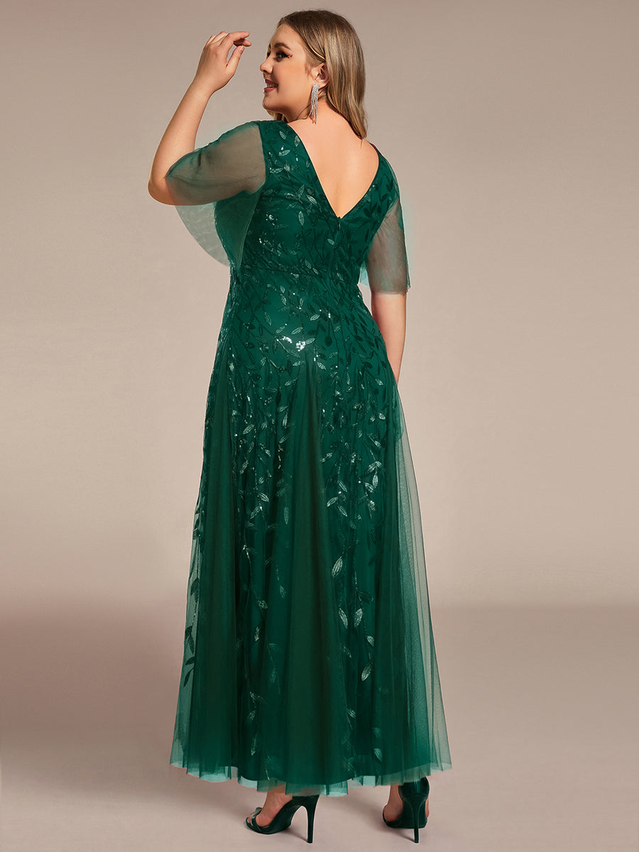 Color=Dark Green | One Stop Shop Short Sleeve Ruffle Sequin Deep V-Neck A-Line Floor Length Evening Dresses-Dark Green 17