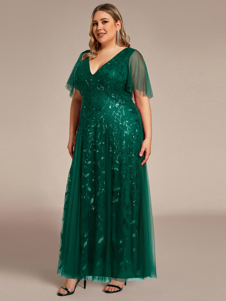 Color=Dark Green | One Stop Shop Short Sleeve Ruffle Sequin Deep V-Neck A-Line Floor Length Evening Dresses-Dark Green 19