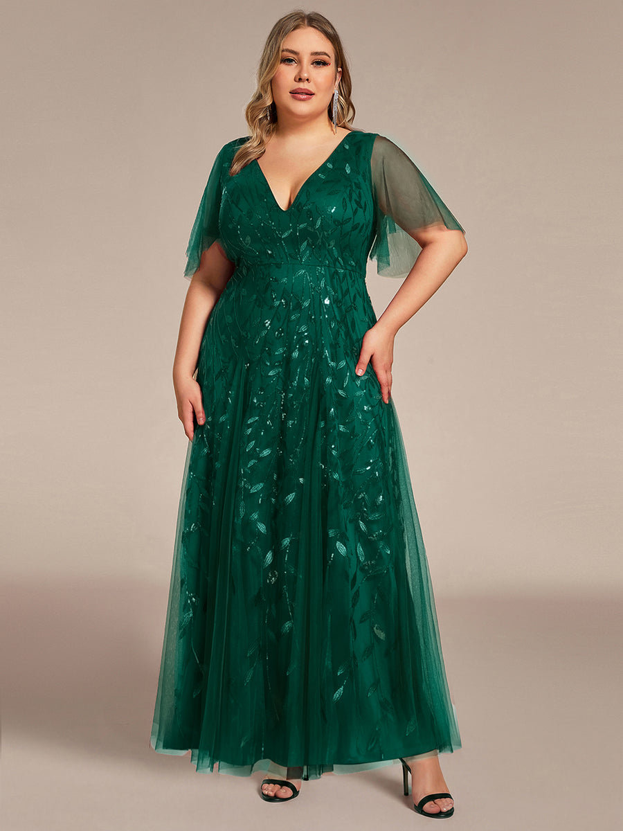 Color=Dark Green | One Stop Shop Short Sleeve Ruffle Sequin Deep V-Neck A-Line Floor Length Evening Dresses-Dark Green 20