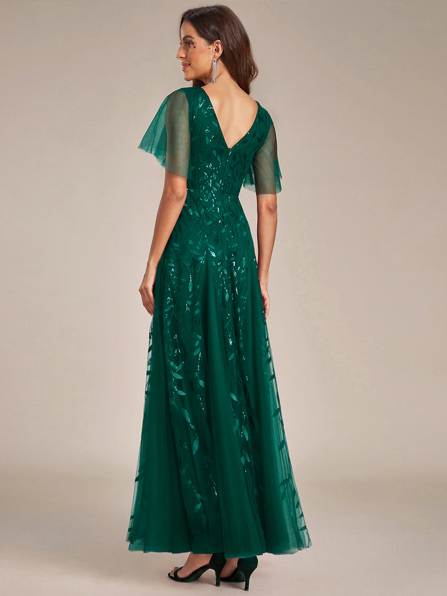 Color=Dark Green | One Stop Shop Short Sleeve Ruffle Sequin Deep V-Neck A-Line Floor Length Evening Dresses-Dark Green 12