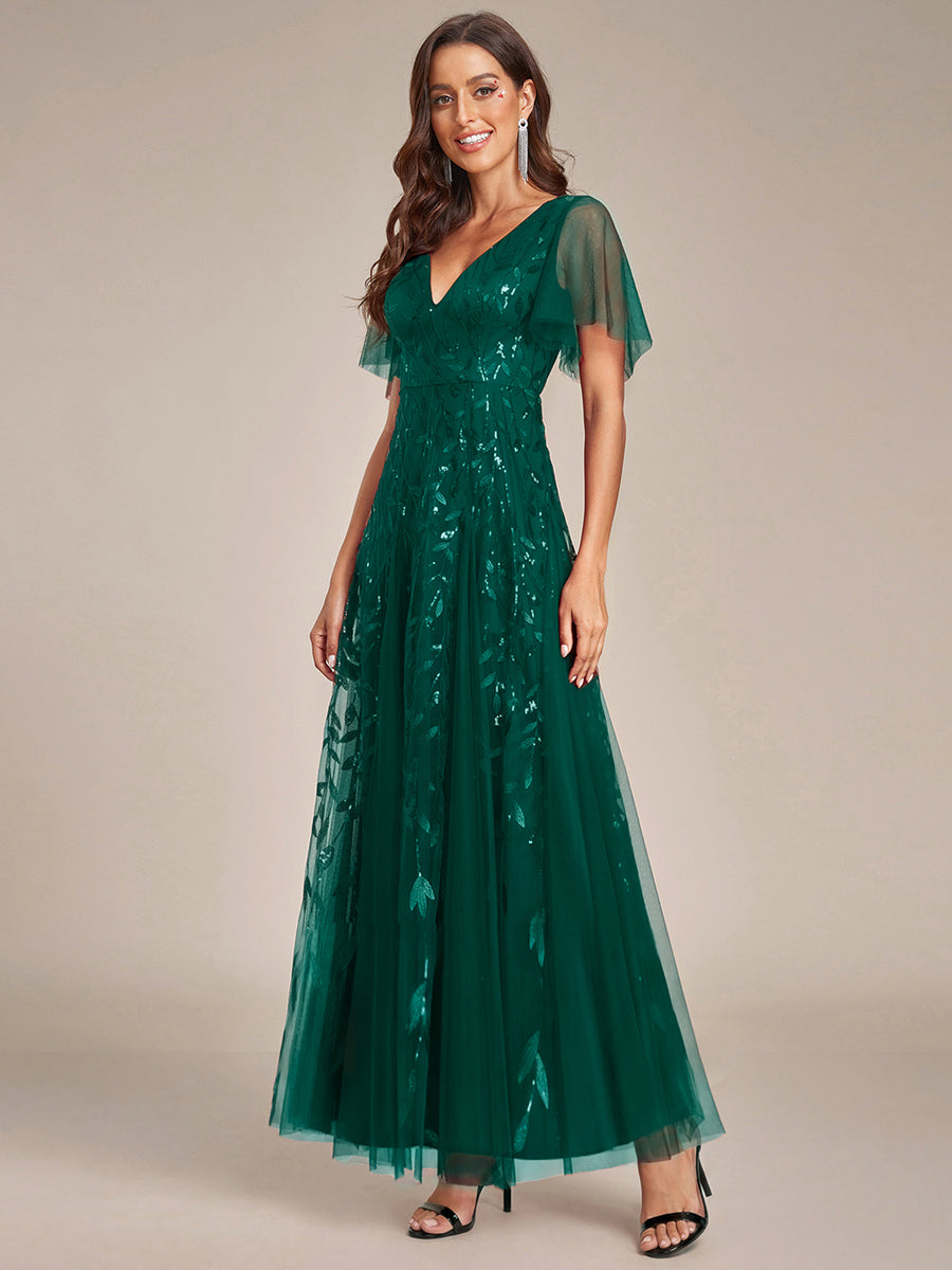 Color=Dark Green | One Stop Shop Short Sleeve Ruffle Sequin Deep V-Neck A-Line Floor Length Evening Dresses-Dark Green 14