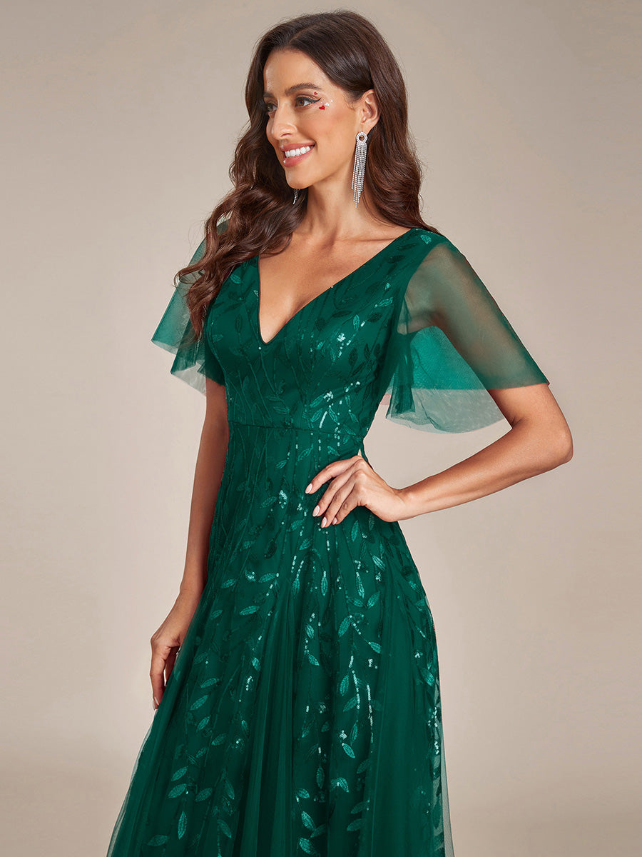 Color=Dark Green | One Stop Shop Short Sleeve Ruffle Sequin Deep V-Neck A-Line Floor Length Evening Dresses-Dark Green 13