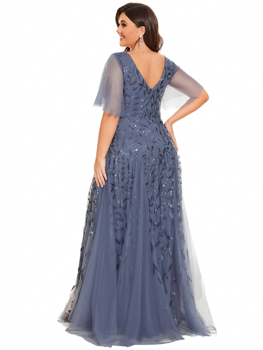 Color=Dusty Blue | One Stop Shop Short Sleeve Ruffle Sequin Deep V-Neck A-Line Floor Length Evening Dresses-Dusty Blue 27