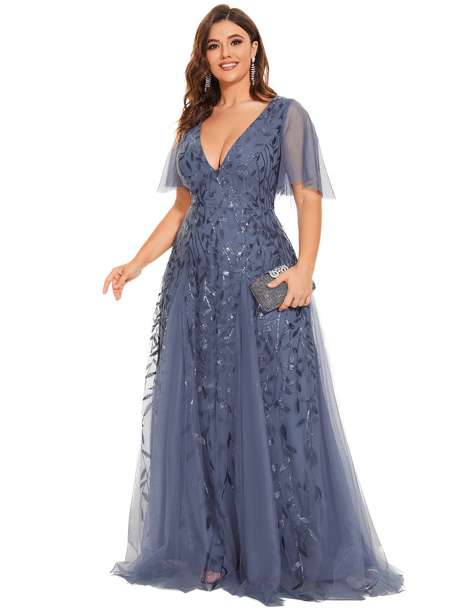 Color=Dusty Blue | One Stop Shop Short Sleeve Ruffle Sequin Deep V-Neck A-Line Floor Length Evening Dresses-Dusty Blue 29