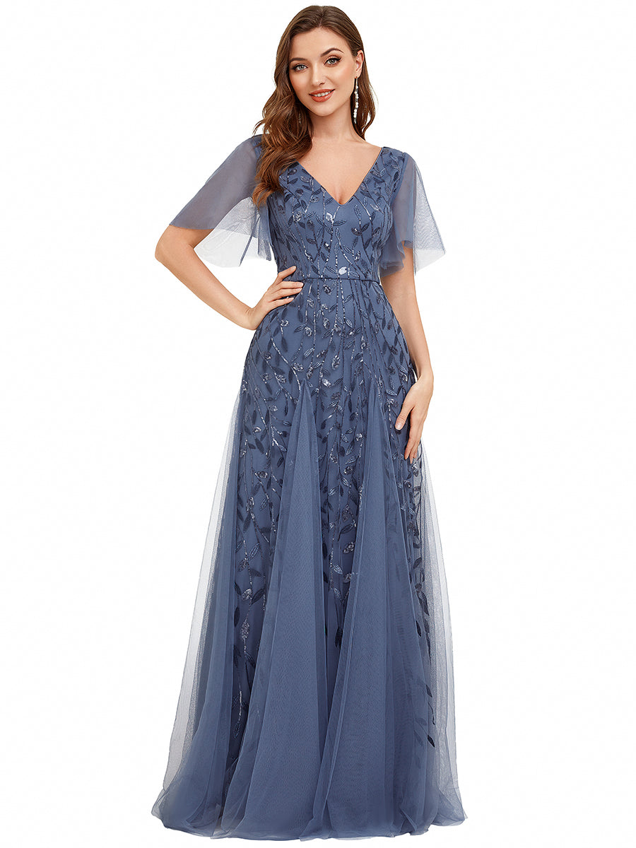 Color=Dusty Blue | One Stop Shop Short Sleeve Ruffle Sequin Deep V-Neck A-Line Floor Length Evening Dresses-Dusty Blue 21