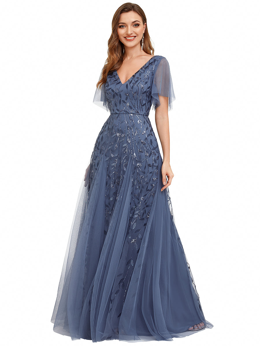 Color=Dusty Blue | One Stop Shop Short Sleeve Ruffle Sequin Deep V-Neck A-Line Floor Length Evening Dresses-Dusty Blue 24