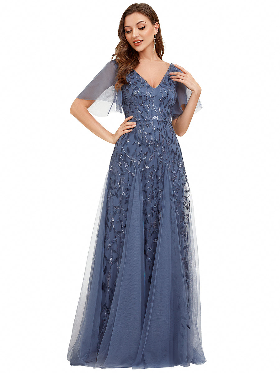 Color=Dusty Blue | One Stop Shop Short Sleeve Ruffle Sequin Deep V-Neck A-Line Floor Length Evening Dresses-Dusty Blue 25