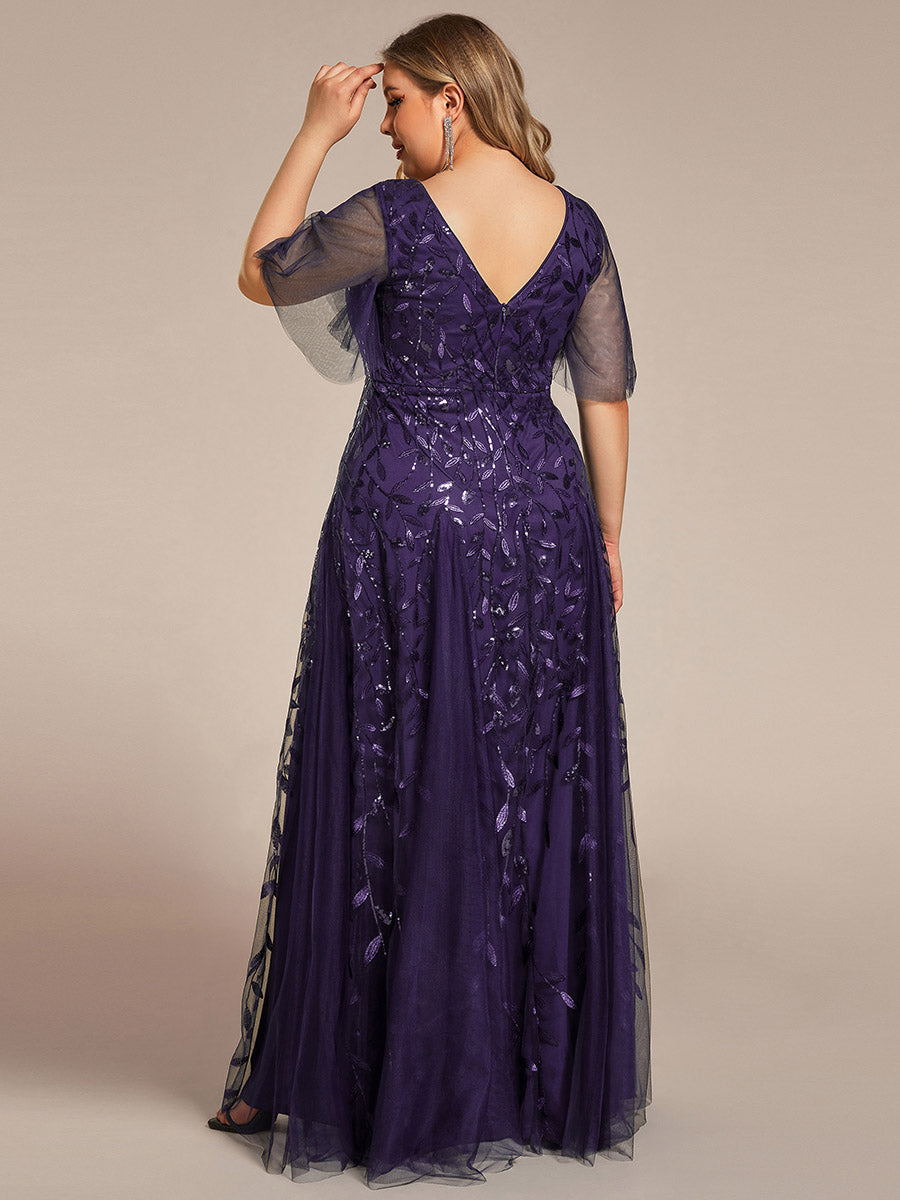 Color=Dark Purple | One Stop Shop Short Sleeve Ruffle Sequin Deep V-Neck A-Line Floor Length Evening Dresses-Dark Purple 37