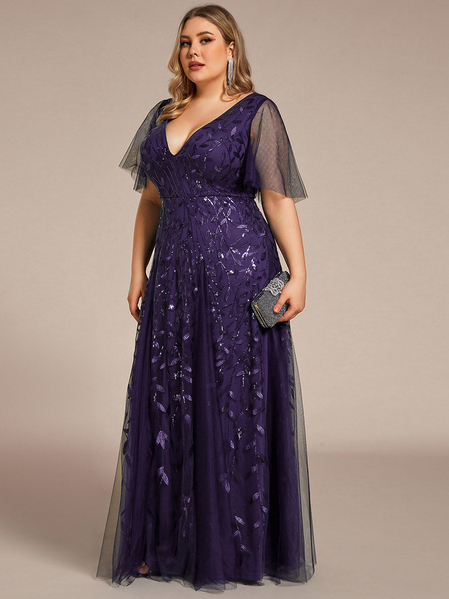 Color=Dark Purple | One Stop Shop Short Sleeve Ruffle Sequin Deep V-Neck A-Line Floor Length Evening Dresses-Dark Purple 39